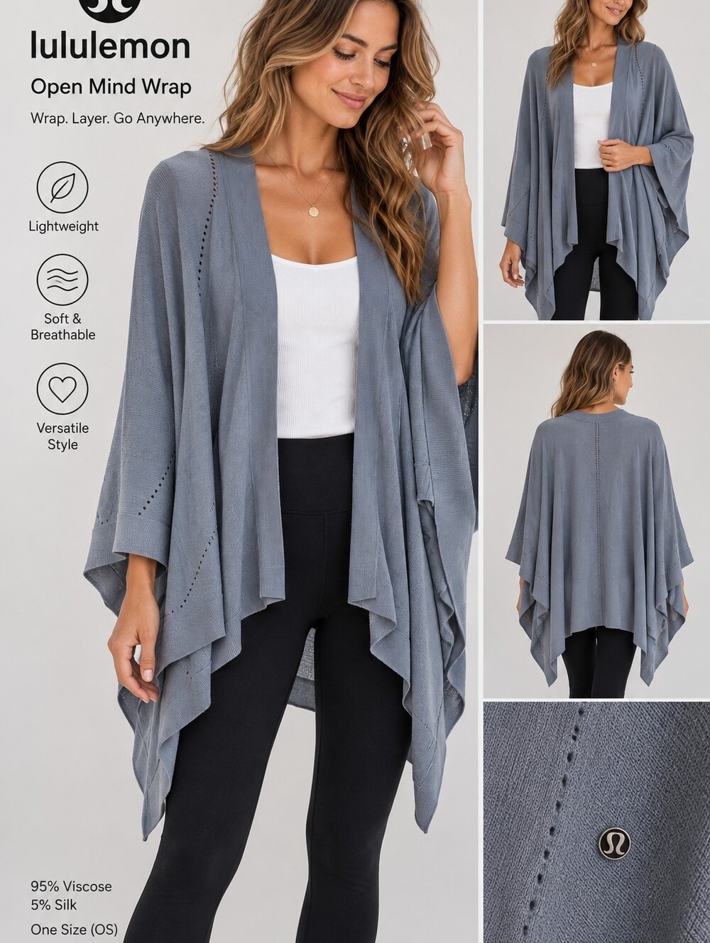 Lululemon Open Mind Wrap Poncho Cape Blue Cast One Size Silk Blend